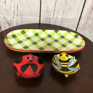 Colorful Checkered Serving Platter with Ladybug and Bee Dipping bowls